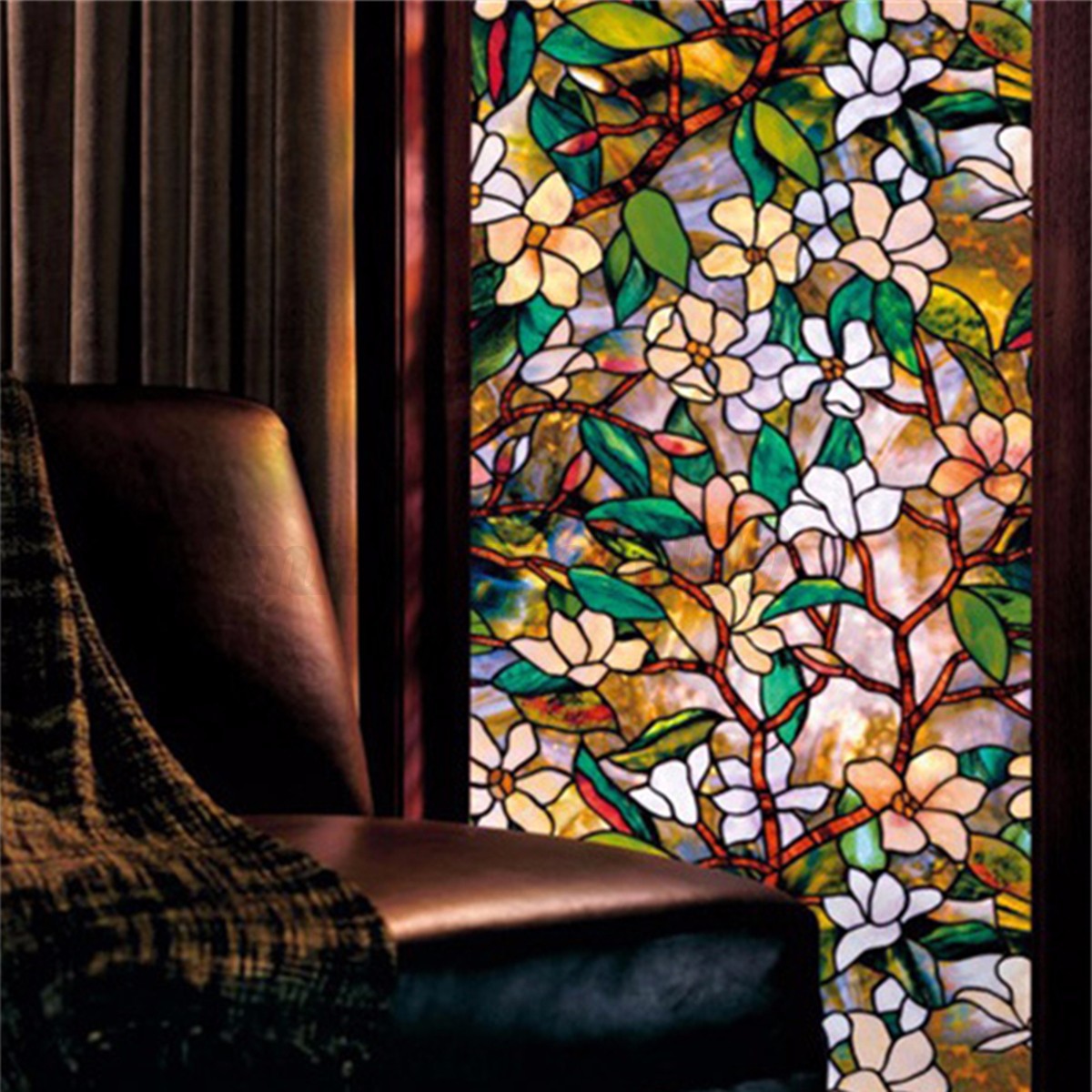 Magnolia Flowers Static Cling Stained Glass Window Film For Privacy