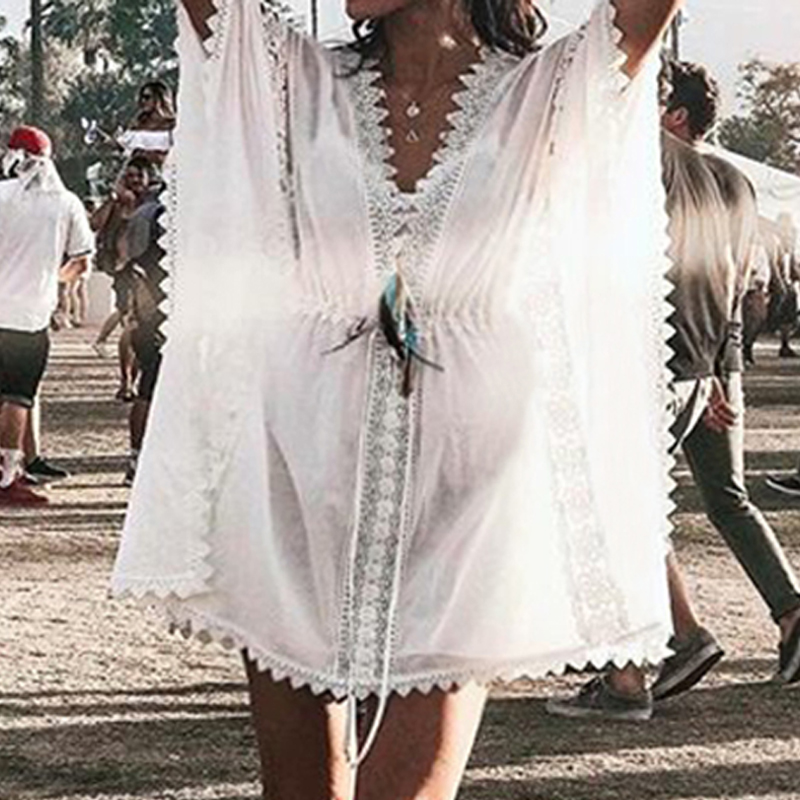 Plus Size Women/'s Summer Beach Wear Bikini Cover Up Lace Mini Sun Dress Long Top