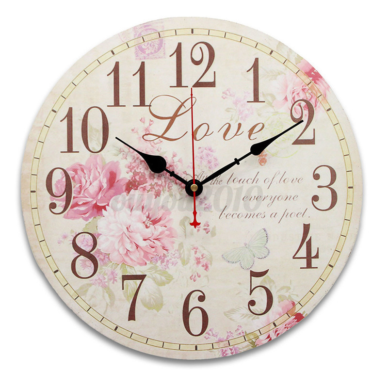 34cm Rose Mdf Vintage Wall Clock Kitchen Antique Shabby Chic Retro Picture 10 Of