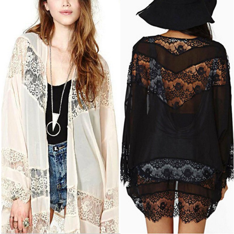 Damen Floral Lose Kimono Cardigan Boho Beach Chiffon Tops Lange Mantel Bluse