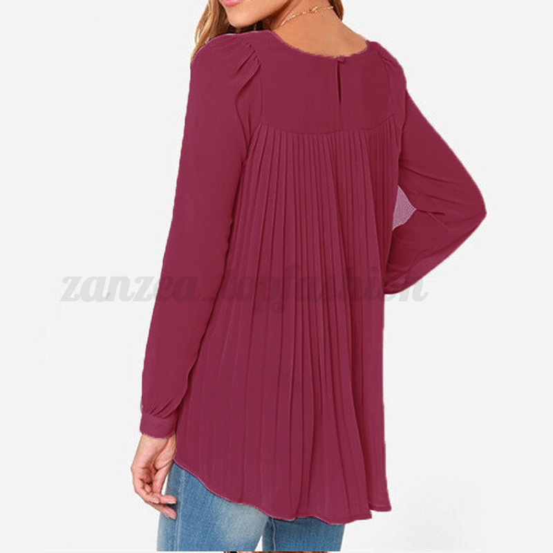 chiffon crew neck plain puff sleeve long sleeve blouse
