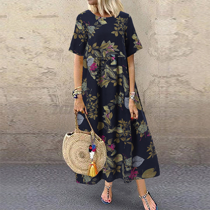 Womens Summer Short Sleeve Floral Printed Flare Swing Long Maxi Dress Plus Size - Picture 29 of 33
