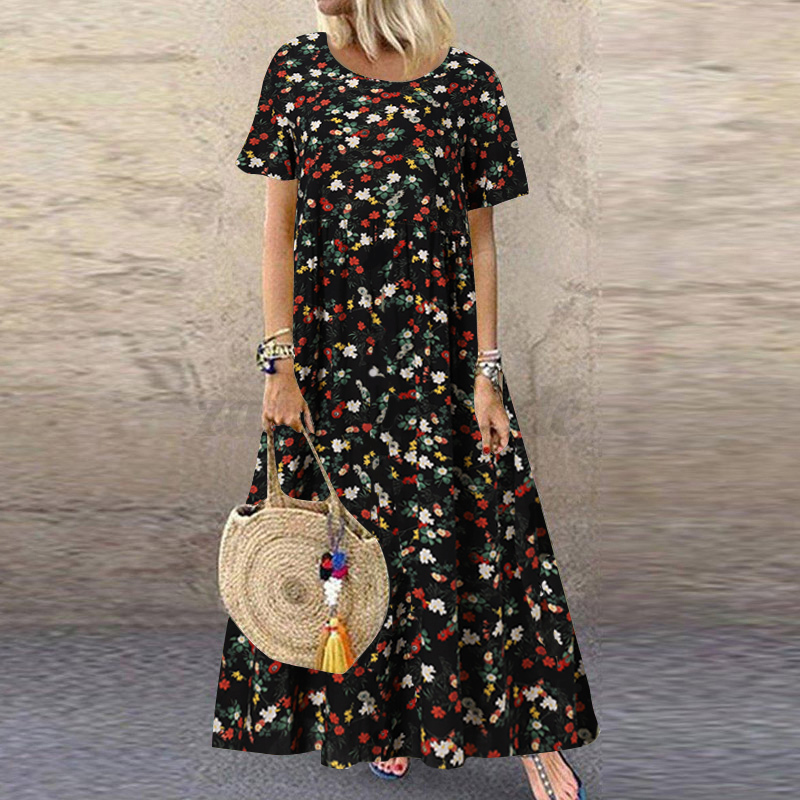 Womens Summer Short Sleeve Floral Printed Flare Swing Long Maxi Dress Plus Size - Picture 30 of 33
