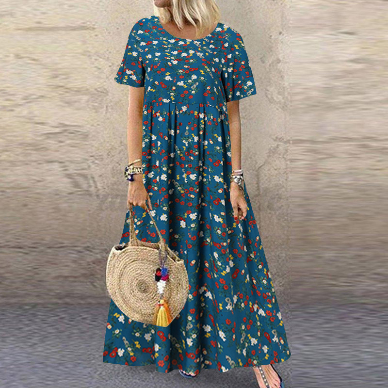 Womens Summer Short Sleeve Floral Printed Flare Swing Long Maxi Dress Plus Size - Picture 31 of 33