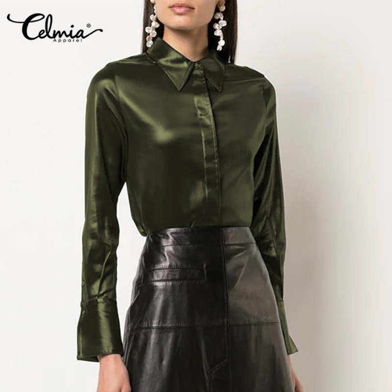 S-5XL Women Faux Leather Solid Shirt Ladies OL Button Up Long Sleeve Blouse  PLUS | eBay