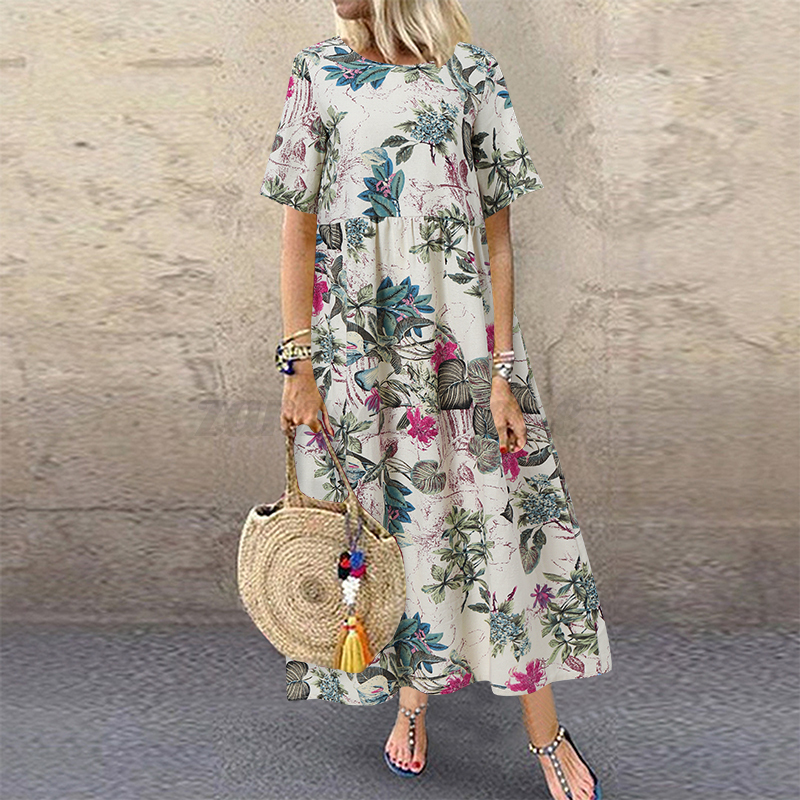 Womens Summer Short Sleeve Floral Printed Flare Swing Long Maxi Dress Plus Size - Picture 28 of 33