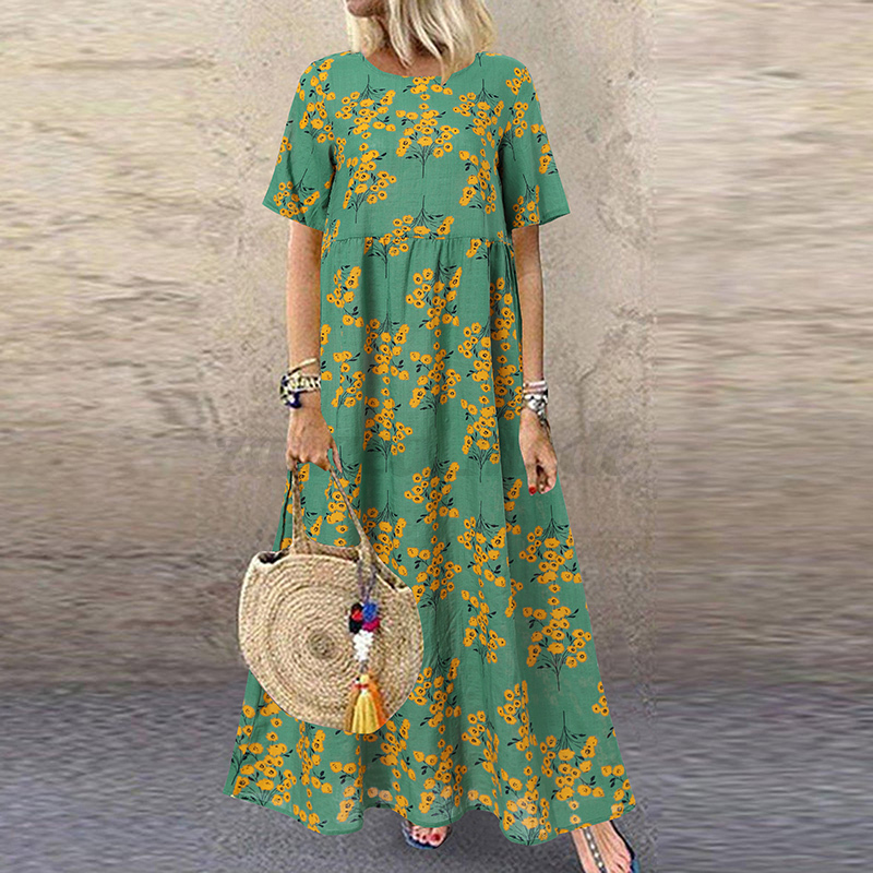 Womens Summer Short Sleeve Floral Printed Flare Swing Long Maxi Dress Plus Size - Picture 24 of 33