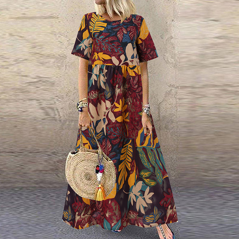 Womens Summer Short Sleeve Floral Printed Flare Swing Long Maxi Dress Plus Size - Picture 18 of 33
