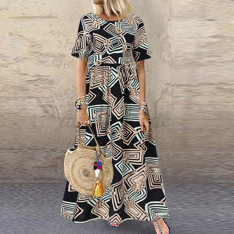 Womens Summer Short Sleeve Floral Printed Flare Swing Long Maxi Dress Plus Size - Picture 17 of 33