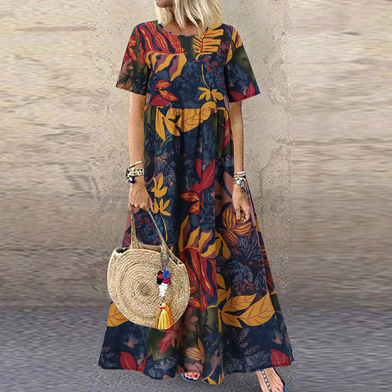 Womens Summer Short Sleeve Floral Printed Flare Swing Long Maxi Dress Plus Size - Picture 19 of 33