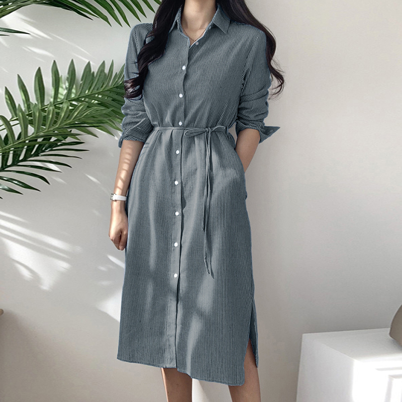Women Elegent OL Office Workwear Collared Button Up Loose Long Maxi Shirt Dress