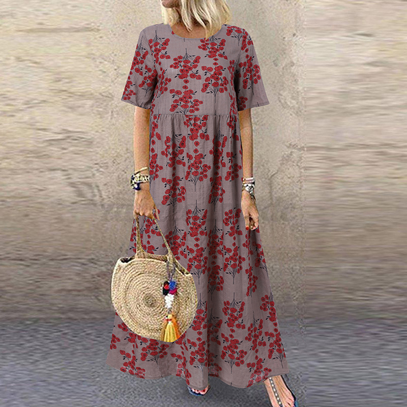 Womens Summer Short Sleeve Floral Printed Flare Swing Long Maxi Dress Plus Size - Picture 26 of 33