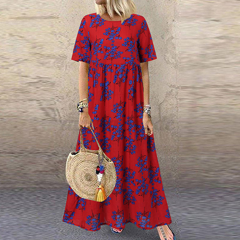 Womens Summer Short Sleeve Floral Printed Flare Swing Long Maxi Dress Plus Size - Picture 25 of 33