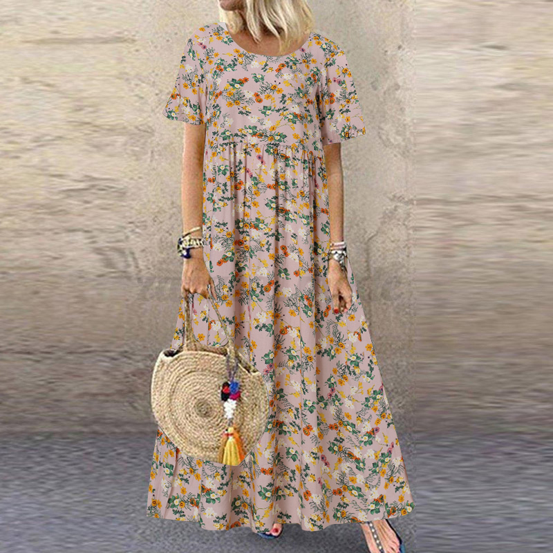 Womens Summer Short Sleeve Floral Printed Flare Swing Long Maxi Dress Plus Size - Picture 32 of 33
