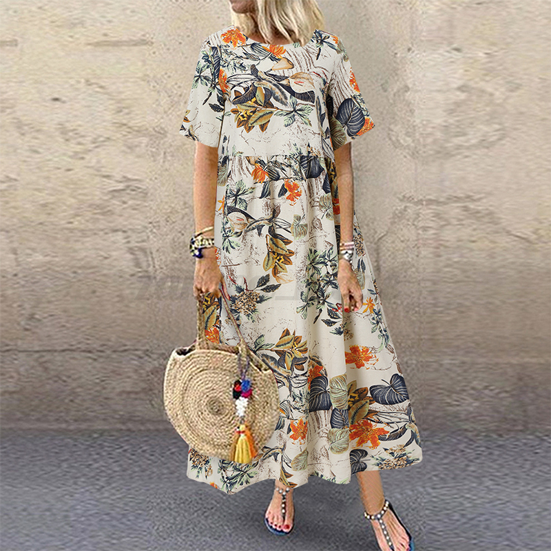 Womens Summer Short Sleeve Floral Printed Flare Swing Long Maxi Dress Plus Size - Picture 27 of 33