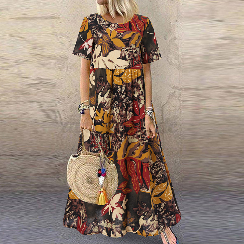 Womens Summer Short Sleeve Floral Printed Flare Swing Long Maxi Dress Plus Size - Picture 20 of 33