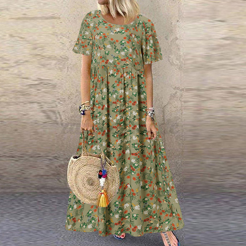 Womens Summer Short Sleeve Floral Printed Flare Swing Long Maxi Dress Plus Size - Picture 33 of 33
