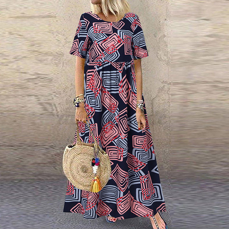 Womens Summer Short Sleeve Floral Printed Flare Swing Long Maxi Dress Plus Size - Picture 15 of 33