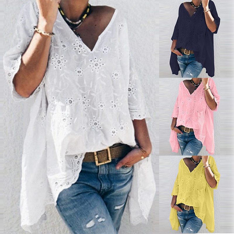 ZANZEA Damen 3//4 Arm Rundhals Tops Hemd Spitzen Baumwolle Beach Shirts Bluse Tee