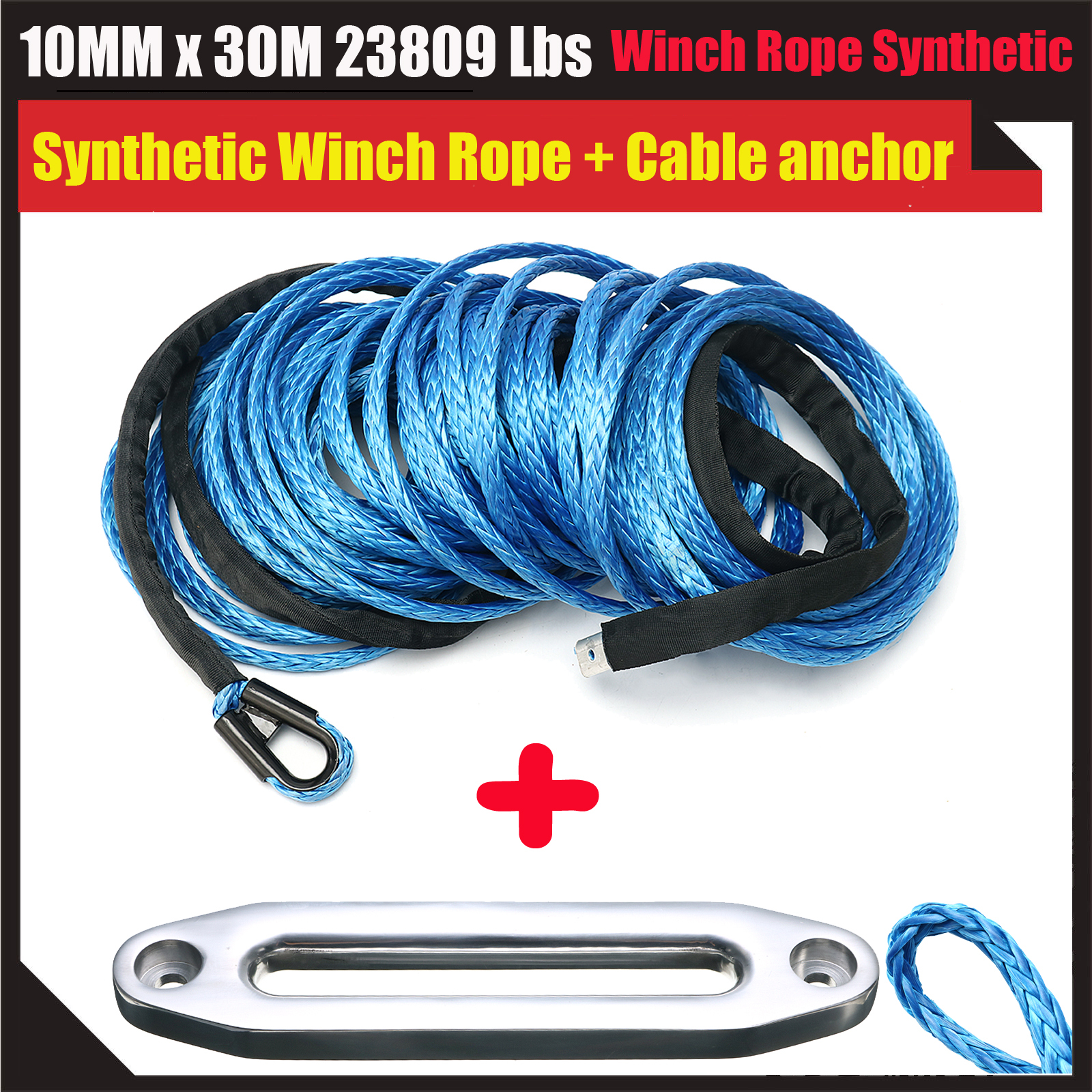 100ft 10mm 23000LB Synthetic Winch Rope Hook Hawse Fairlead Tow Cable Offroad