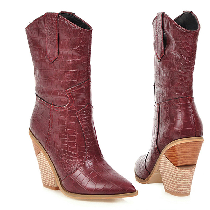 Women's Western Mid Calf Chunky Boots Pull On Pointed Toe ...