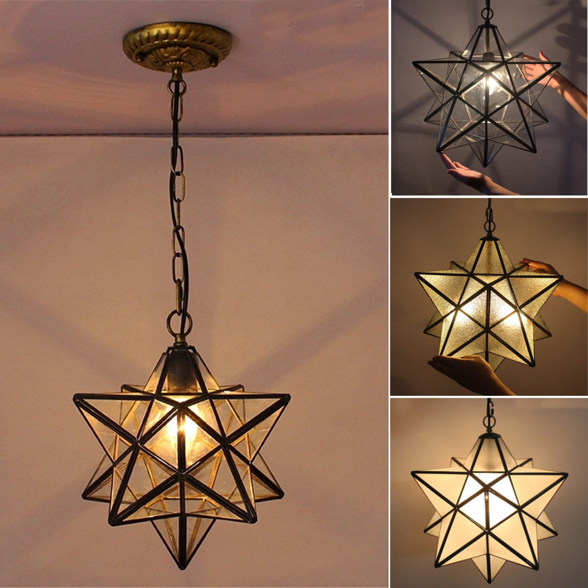 Details About Antique Moravian Star Pendant Light Metal Glass Shade Lamp Ceiling Lights 30cm