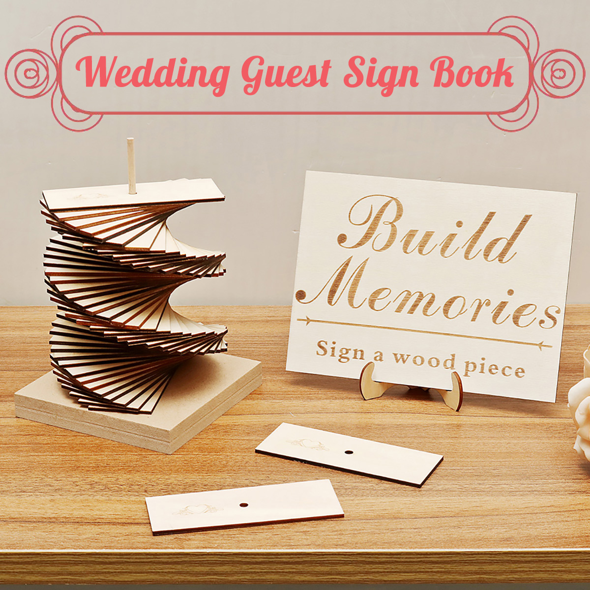 wooden wood tree double heart wedding guest signature sign book sign book for wedding