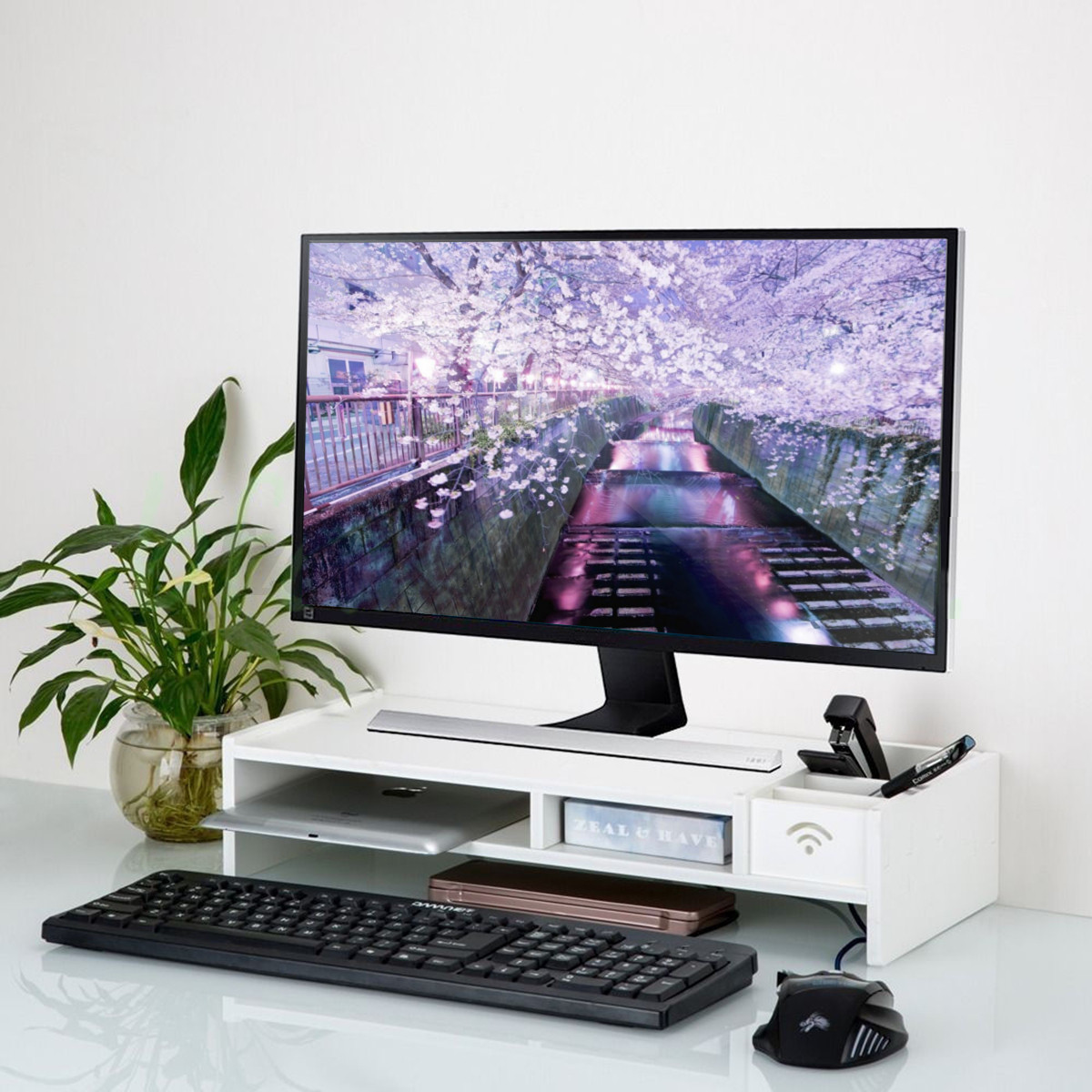 1 2 Tier Wood Glass Desktop Monitor Stand Shelf Plinth Tv Laptop 1 2 Tier Wood Glass Desktop Monitor Stand
