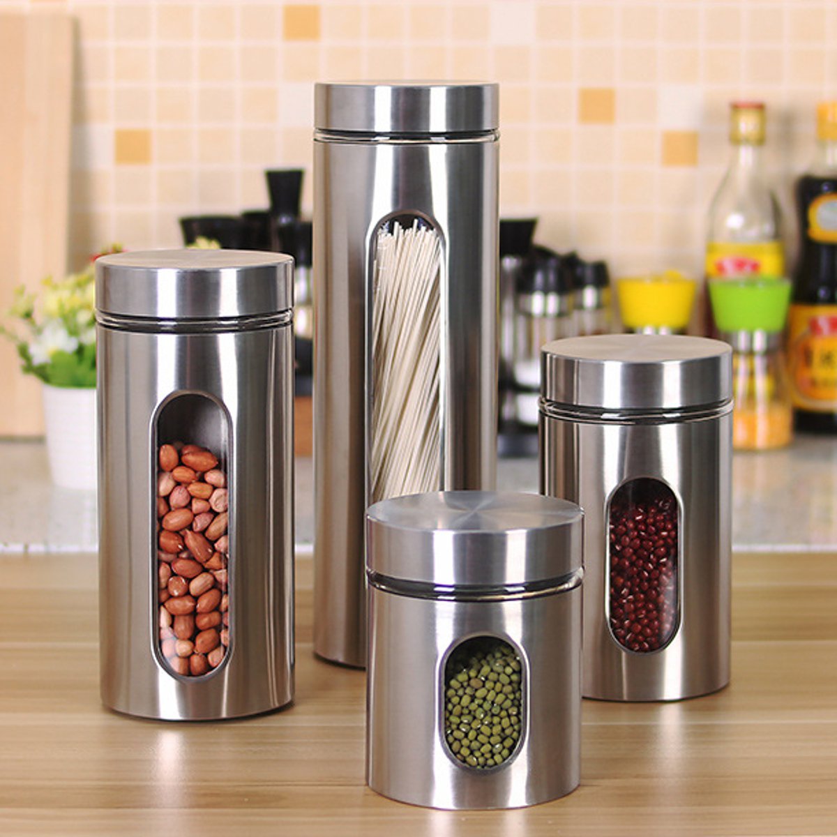 Details About Stainless Steel Storage Jar Tea Coffee Sugar Kitchen Glass Canister Container