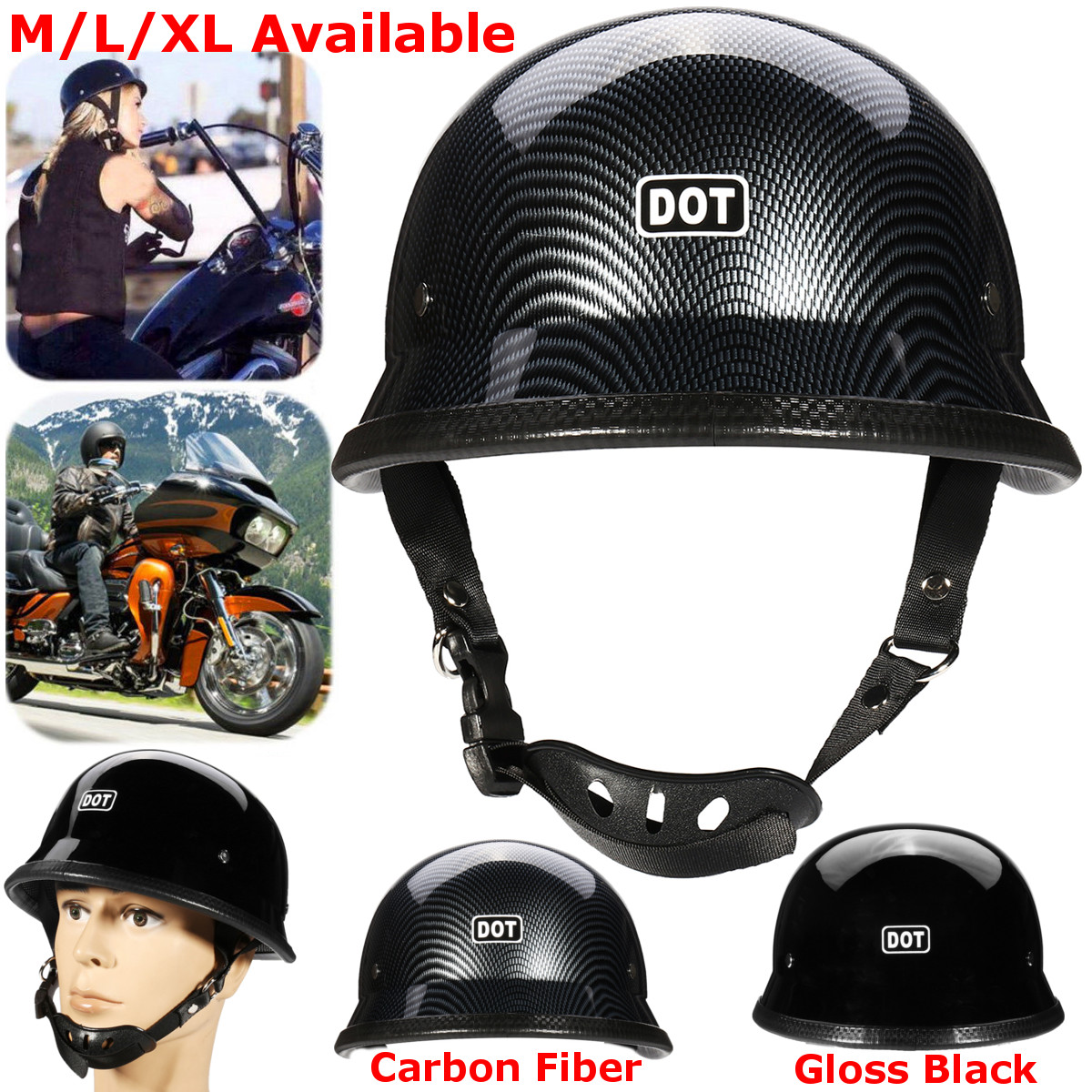Motorcycle Gloss Black DOT German Half Face Helmet Chopper Cruiser Biker M L XL