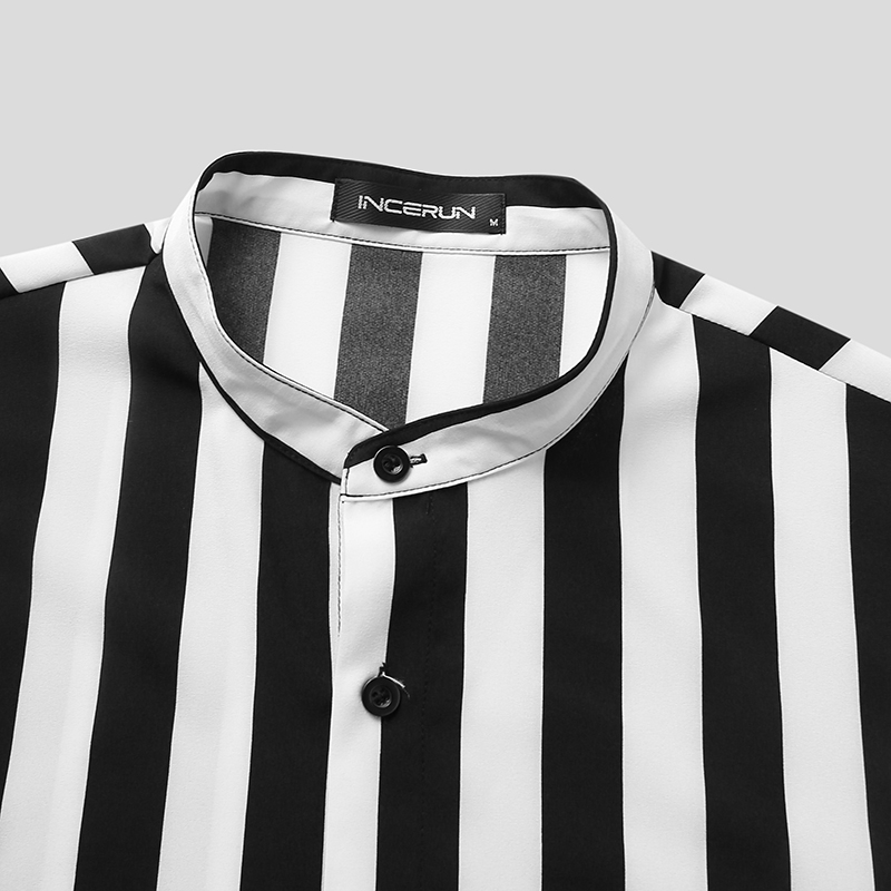 【2plan】Belu Stripe Collar Short Sleeve T-shirt Mens Short Sleeve Collarless Striped Printed Casual Shirts
