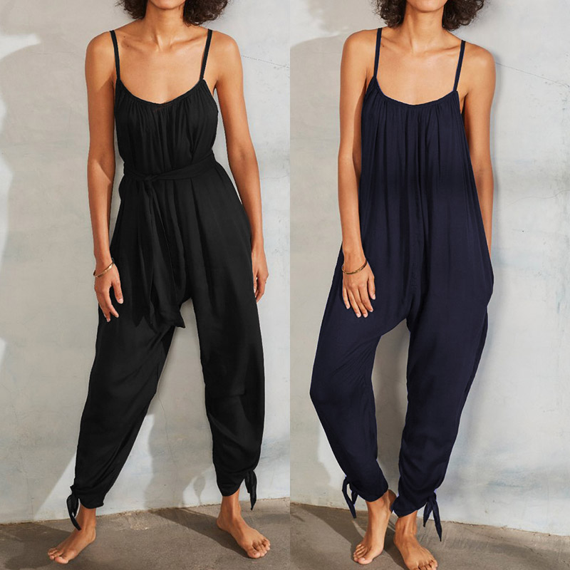 Damen Lang Overall Playsuit Romper Jumpsuits Hose Ärmellos Träger Hosenanzug