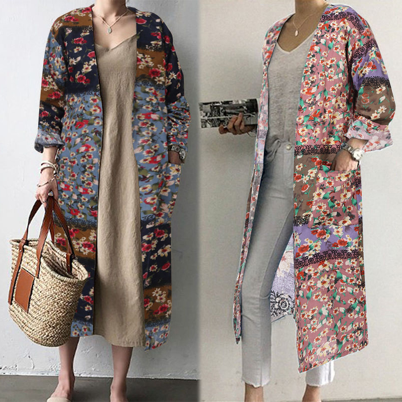 Damen Langarm Jacke Strickjacke Floral Lange Freizeit Baumwolle Mantel Longjacke