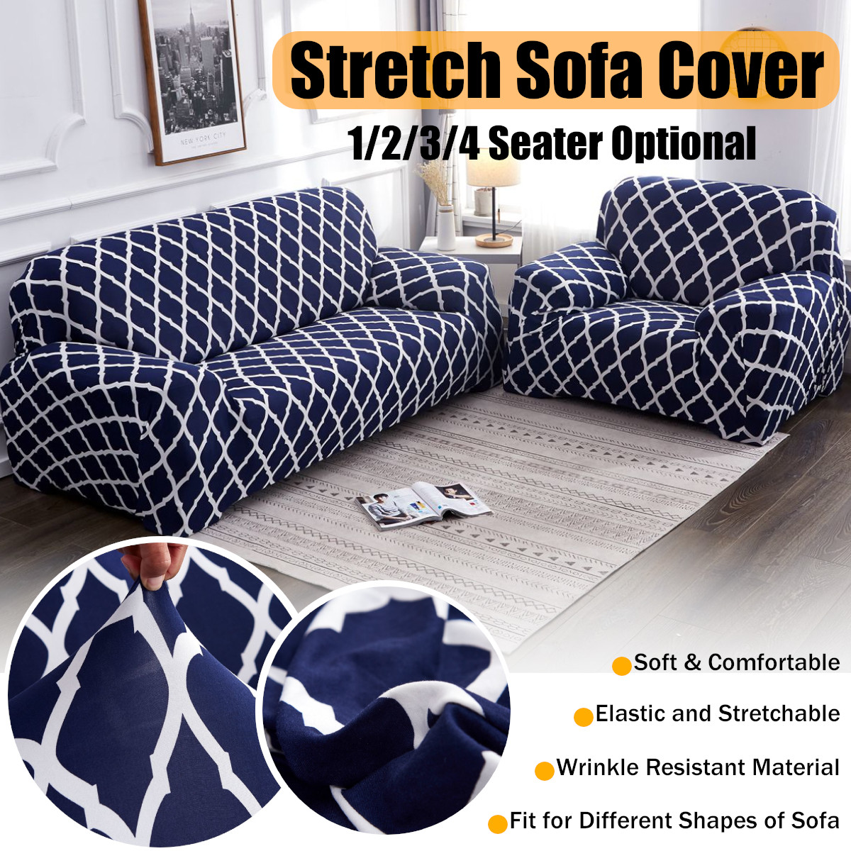 Details About 1 2 3 4 Seater Navy Blue Stretch Elastic Sofa Couch Covers Protective Slipcovers