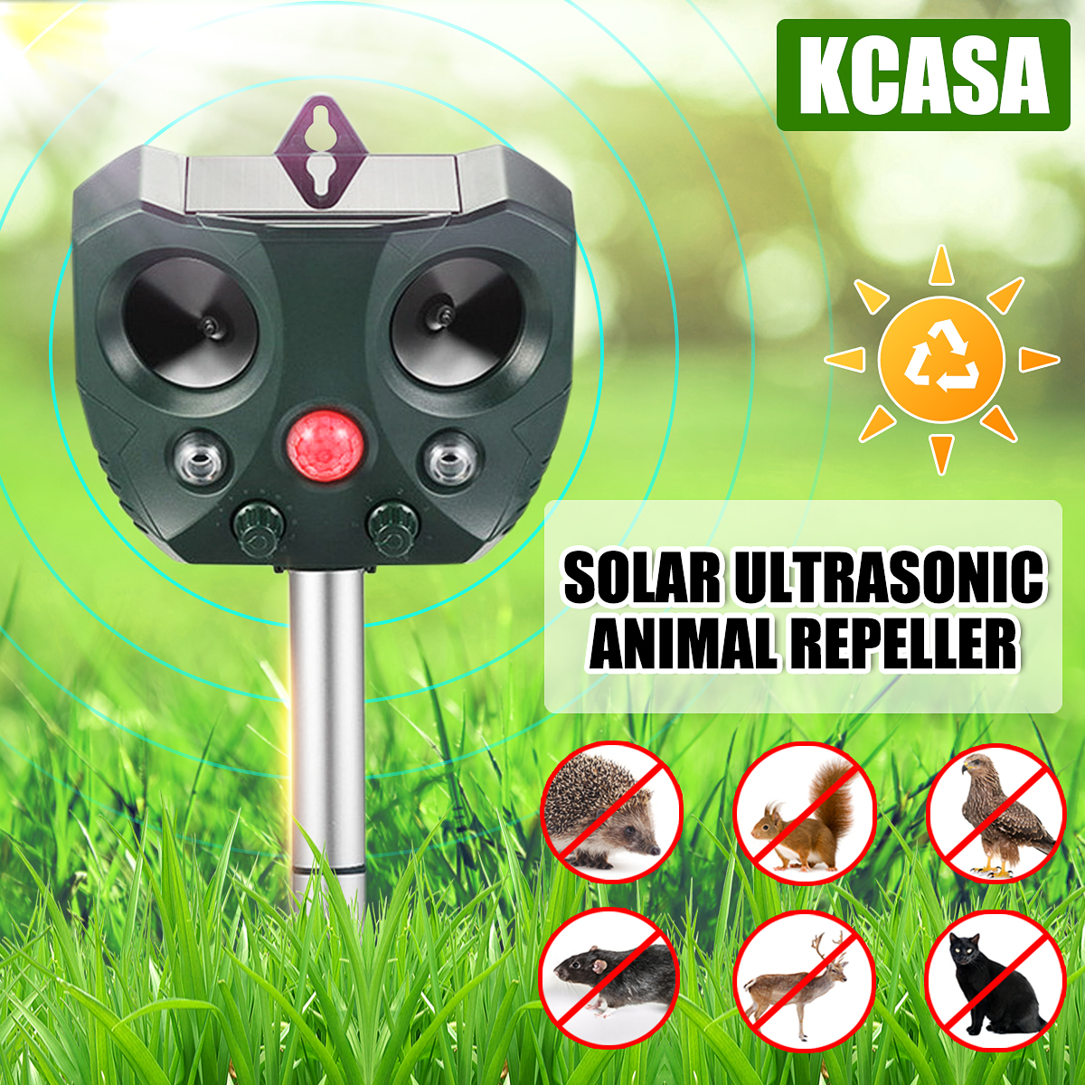 KCASA Solar Ultrasonic Pest Animal Repeller LED PIR Motion ...