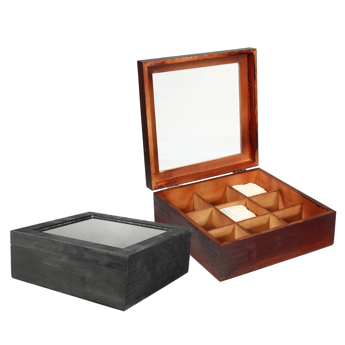 Details About 9 Compartments Wooden Tea Box Glass Organizer Top Lid Container Storage Chest