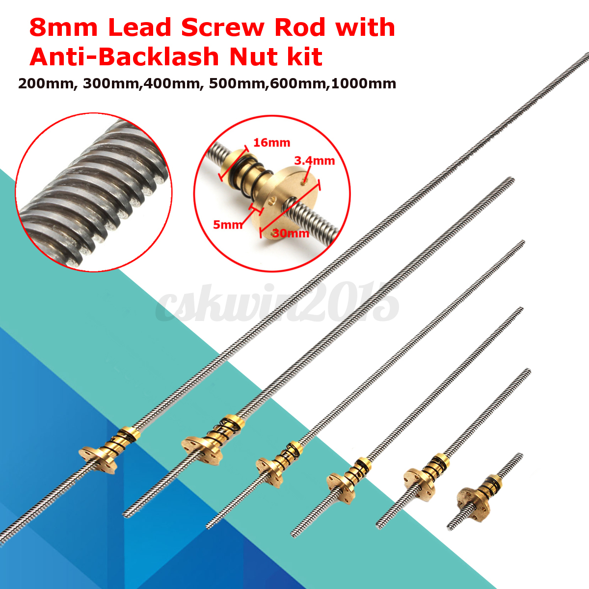8mm T8 Lead Screw Threaded Rod 200-1000mm CNC Trapezoidal w/ Anti-Backlash Nut