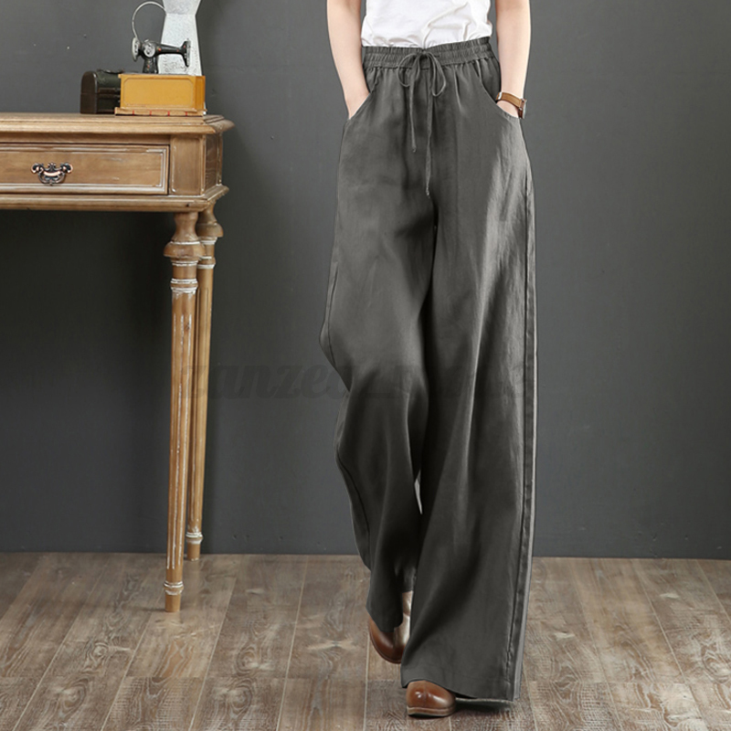 Womens Elastic Waist Long Trousers Floral Printed Wide Leg Baggy Pants Plus Size - Picture 15 of 25