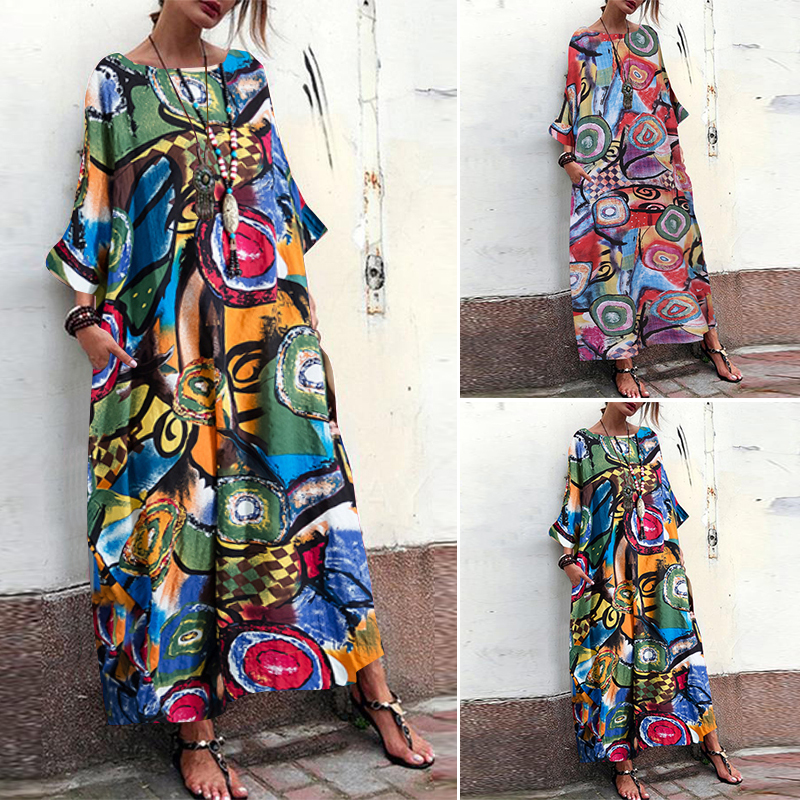 ZANZEA Damen Rundhals Kleid Maxikleid Kurzarm Pocket Oversize Sommerkleid Kaftan