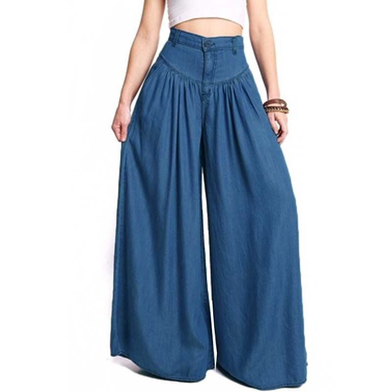 Blue Black Wide Leg Pants Trousers Women High Waist Bow