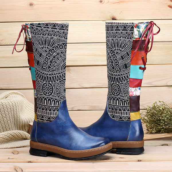 socofy bohemian splicing pattern flat leather knee boots