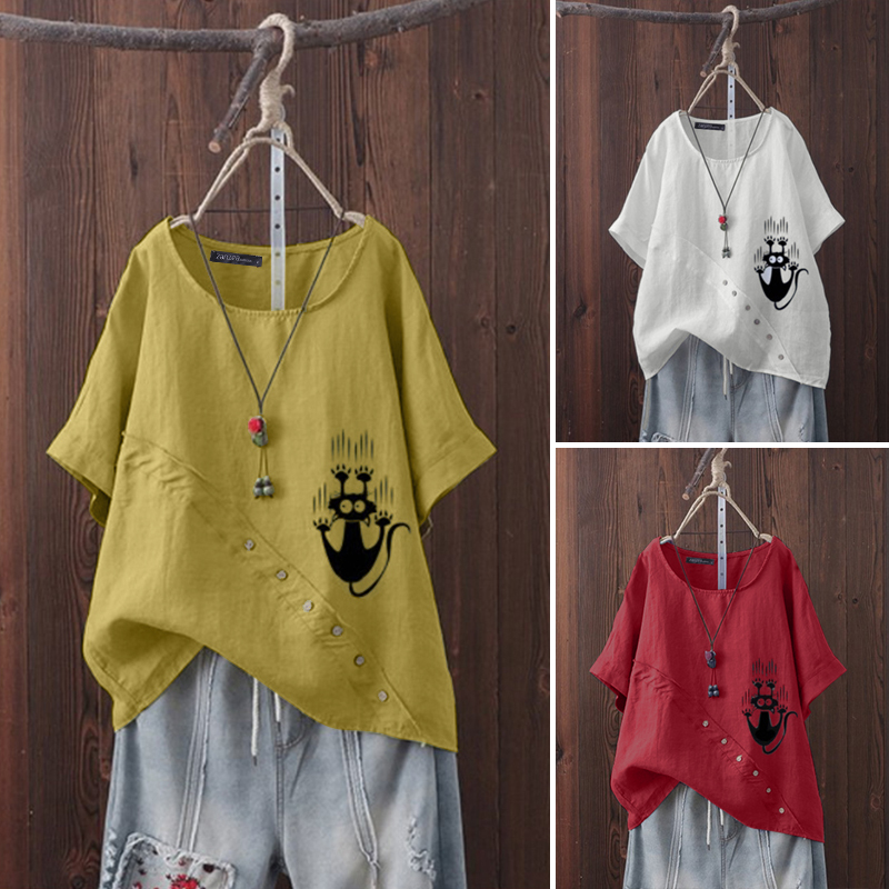 ZANZEA Women Summer Short Sleeve Blouse Tee T Shirt Retro Vintage Printed Top
