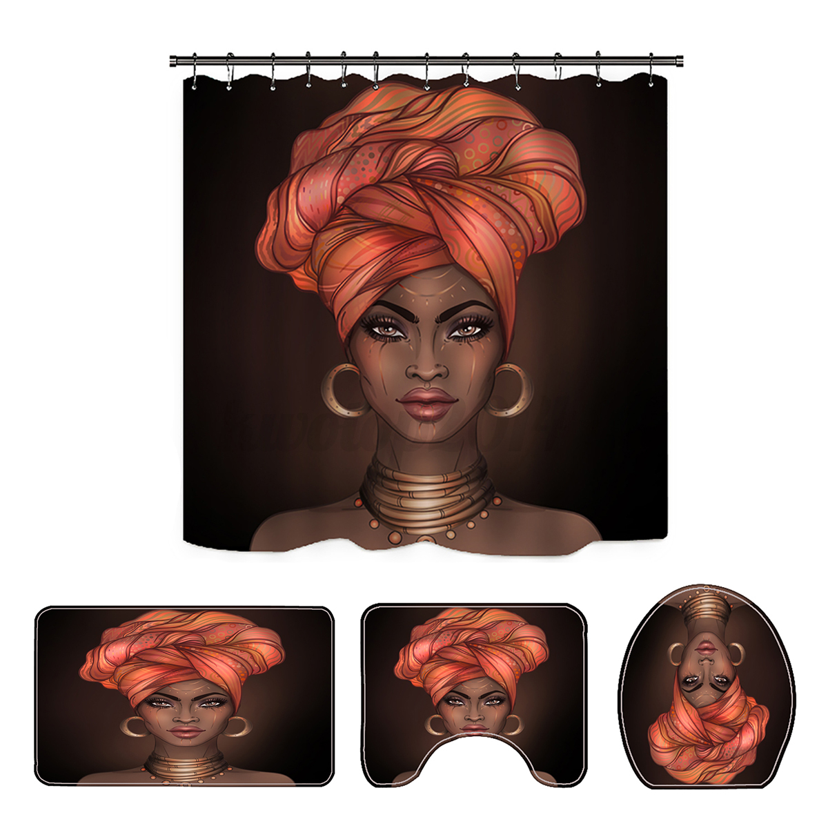Set of 1//3//4Pcs African Girl Shower Curtain With Bath Mats Rugs Toilet Cover Mat