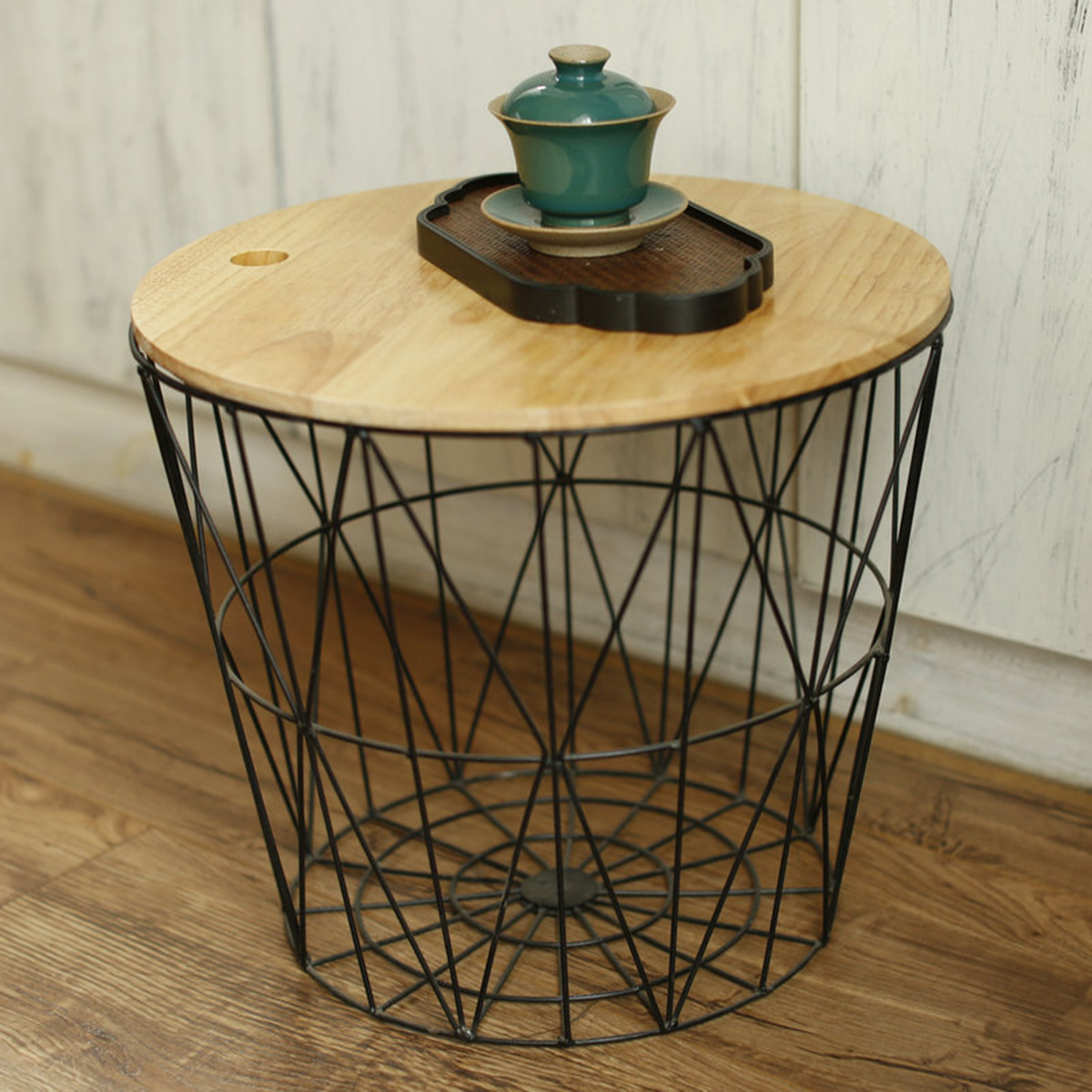 White Black Metal Wire Basket Wooden Top Side Table Storage Loft White Black Metal Wire Basket Wooden Top Side