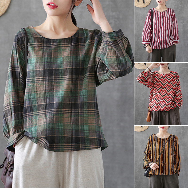 ZANZEA Women Ladies Casual Plaid Check Blouse Tee Long Sleeve Baggy Tops Shirt