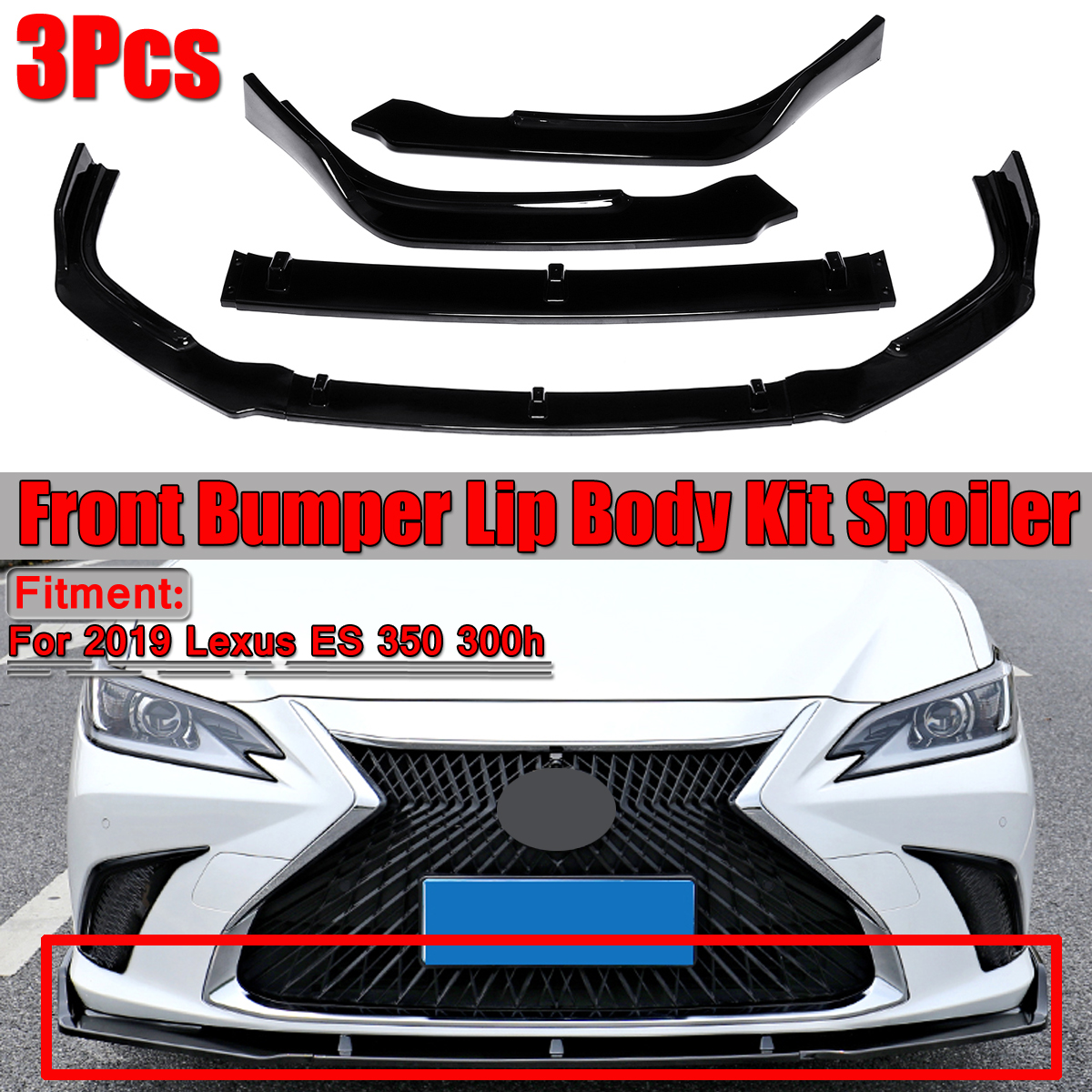 For 2019 Lexus ES 350 300h Gloss Black Front Bumper Lip Spoiler Cover Trim 3PCS