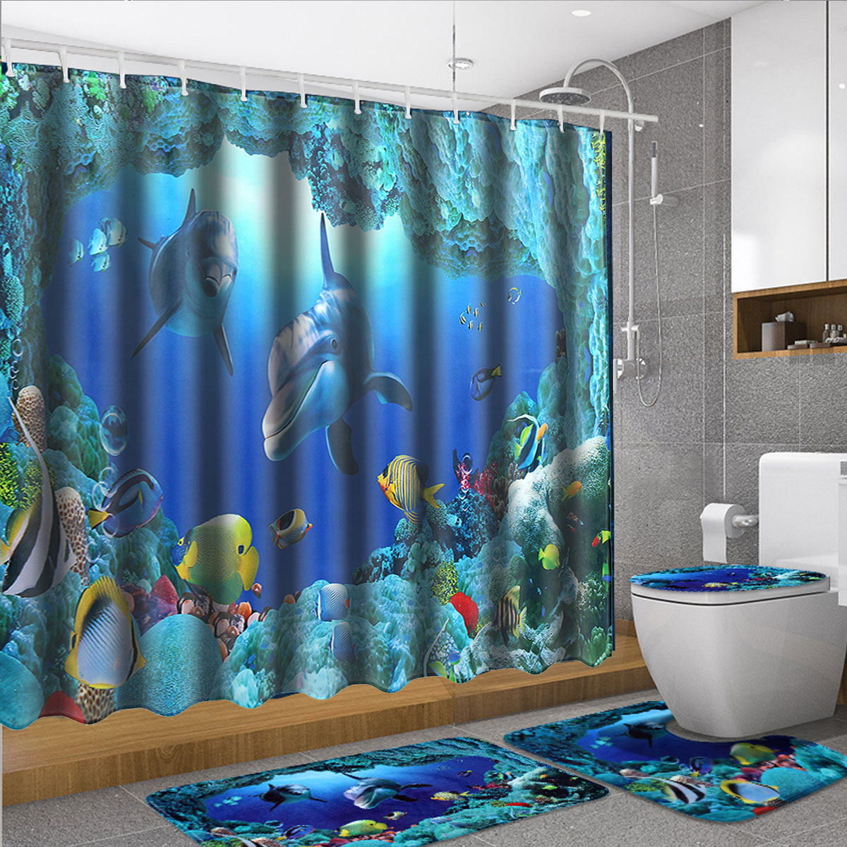 180x180cm Bathroom Bamboo Waterfall Shower Curtain 12 Hooks Toliet Mat Rug