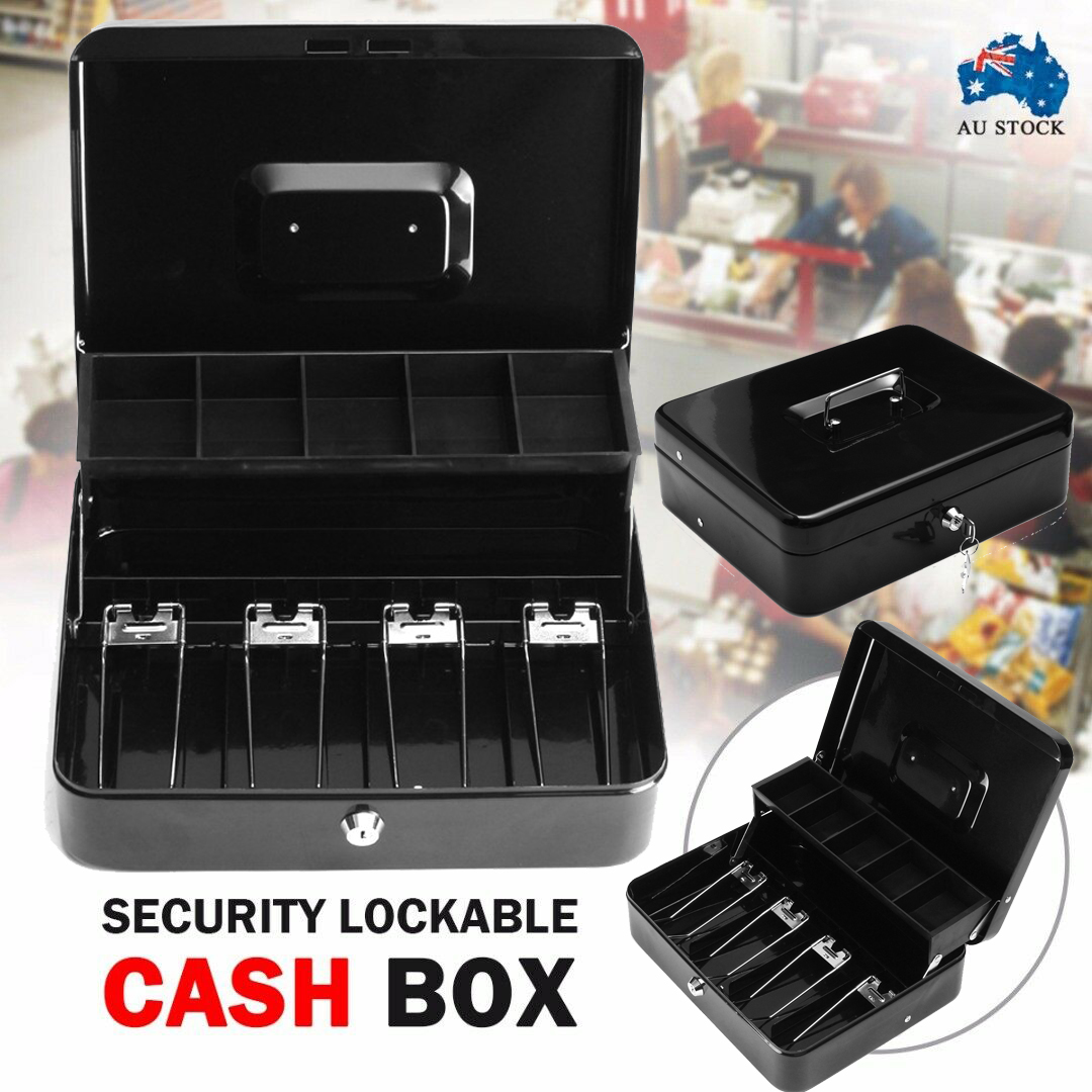 Lockable Cash Box Tiered Tray Money Drawer Portable Safe Storage