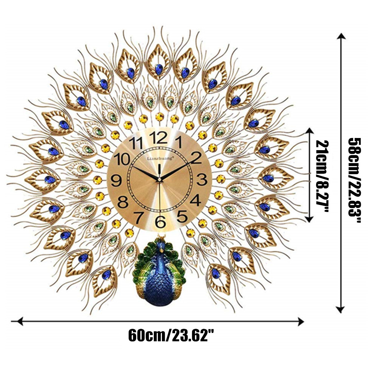 Large 60x58CM Stylish Modern Peacock Quartz Clock Room Mute Wall Xmas Decor ~