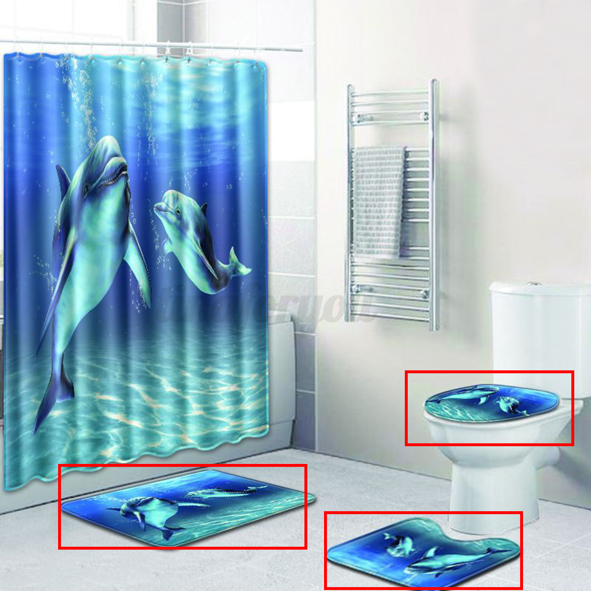 12 Hooks Dolphin Sea Waterproof Shower Curtain Bathroom Floor Mat Toilet Set